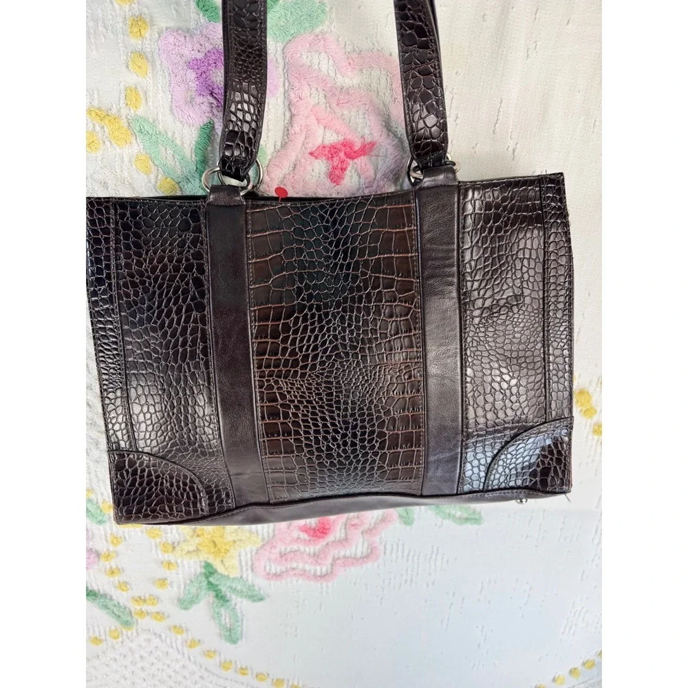 Coldwater Creek Dark Brown Faux Croc Tote Bag Silver Accent - Picture 3 of 11